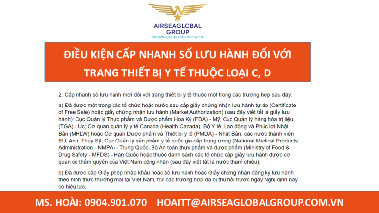ĐIỀU KIỆN CẤP NHANH SỐ LƯU HÀNH ĐỐI VỚI THIẾT BỊ Y TẾ LOẠI C,D